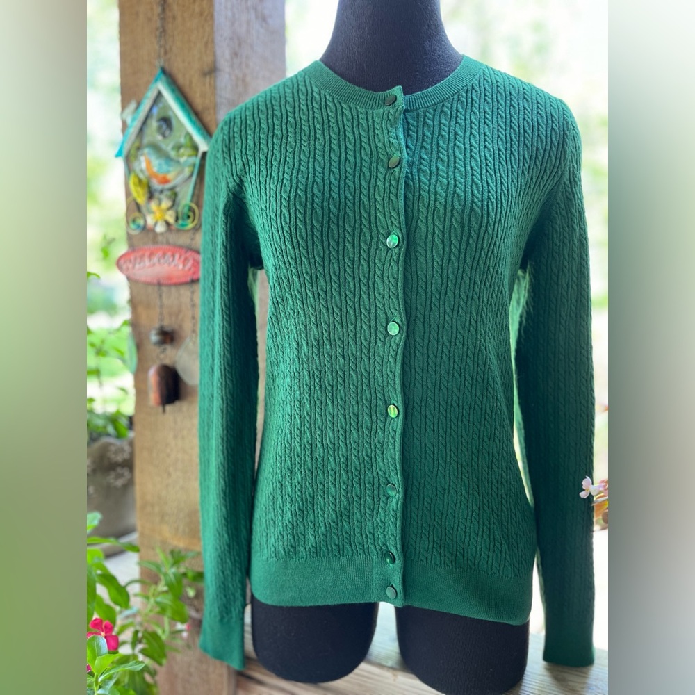 Vintage Talbots Green Cable Knit Button Front Crew Knit Cardigan Sweater NWT PM
